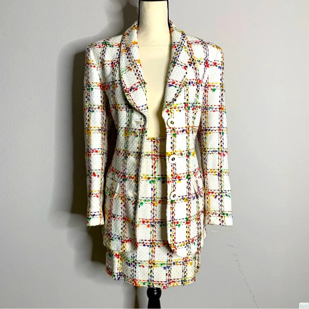 Doncaster Vintage Multicolor Tweed Plaid 2 Piece Skirt Suit Set - Picture 3 of 14
